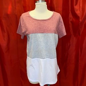 YunJey Round Neck Triple Color Block Stripe T-Shirt